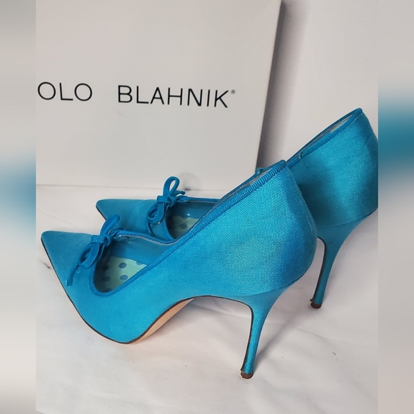 MANOLO BLAHNIK-size 40/10- pumps designer embellished linen in turquoise fabric - Picture 3 of 9